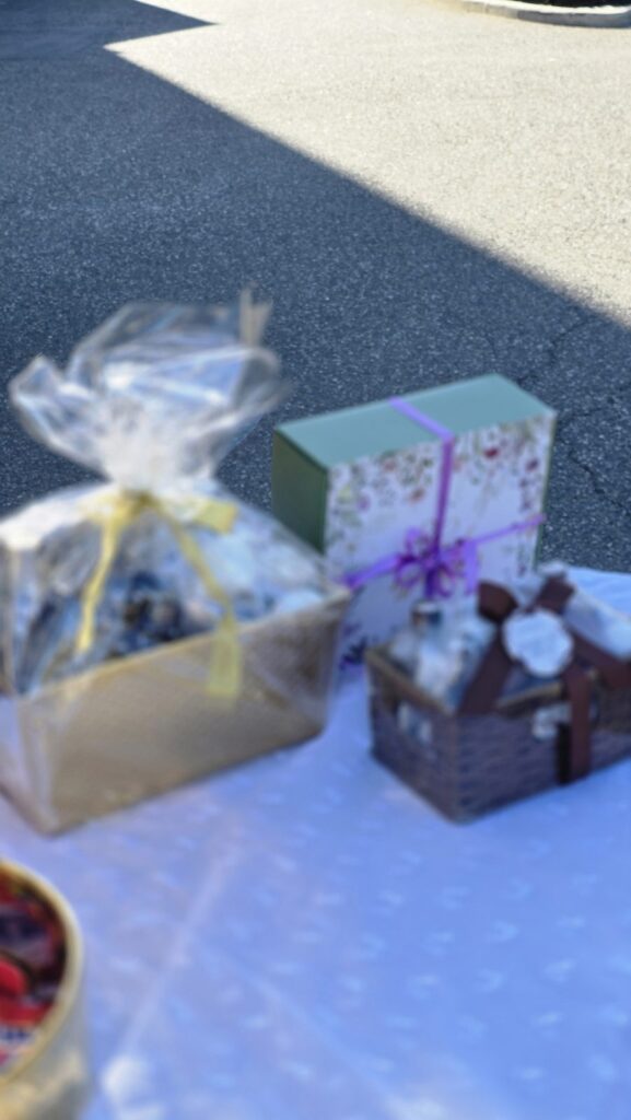 Gift baskets on a table at the Family BBQ